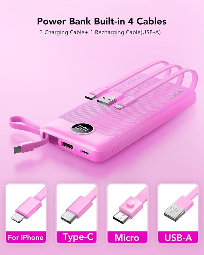 VRURC Portable Charger 10000mAh, Travel Essentials Battery Pack, 5 Output 2 Input Power Bank, Built-in Micro & USB C Cables Phone Charger for iPhone 17 Pro 17 16 15 14 13,Android-Purple(1 Pack)