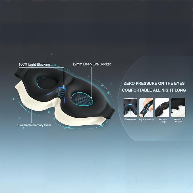 Sleep Eye Mask for Side Sleepers, 3D Contoured Blackout Blindfold for Women & Men, Soft Memory Foam Silk Sleep Mask, Adjustable Light Blocking Eye Cover for Travel, Nap, Cooling Comfort
