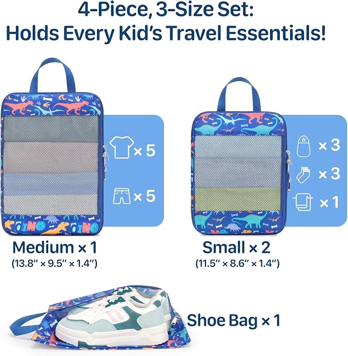Kids Compression Packing Cubes, 4 Piece Set for Carry On Suitcase, Water Resistant Travel Luggage Organizers with Shoe Bag, Toddler Backpack Essentials (Blue Dinosaur)