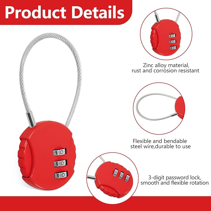 Moxweyeni 8 Pack Combination Wire Lock 3 Digit Small Combo Luggage Number Cable Padlock Outdoor Waterproof Resettable Lock for School Gym Locker Travel Backpack Suitcase Storage (Red)