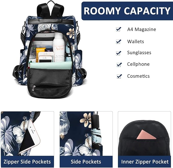 Fmeida Waterproof Backpack Purse for Women Anti Theft Fashion Daypack Nylon Travel Bag Crossbody Shoulder Bag - Hawaii Flower 13"x5.9"x13.9"