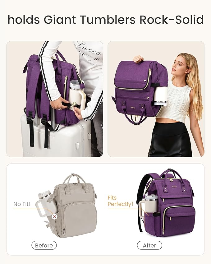 LOVEVOOK Laptop Backpack for Women with Giant Tumbler Holder Pocket,17 inch Waterproof Travel Backpack Purse Computer Laptop Bag,Professional Work College Nurse Teacher Backpack Daypack,Rose Purple