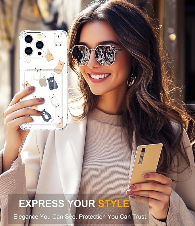 Compatible with iPhone 16 Pro Max Case Card Holder for Women Cute Design,Wallet Phone Cases Transparent Cool Kawaii Protective (Clear Lovely Bears Funny)