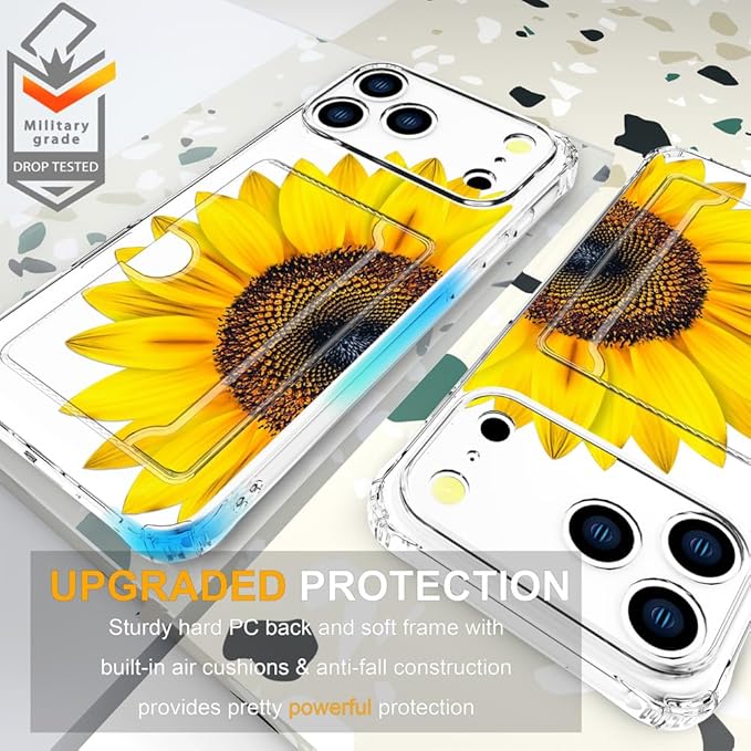 Compatible with iPhone 17 Pro Max Case Card Holder for Women Cute Design,Wallet Phone Cases Transparent Cool Kawaii Protective (Clear Sunflower Sun Flower)