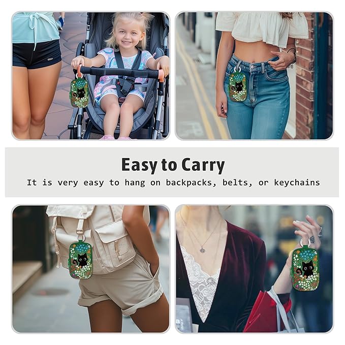 Floral Black Cat Hand Sanitizer Spray Case, Cute Hand Sanitizer Holder Zippered Pouch, Fashion Accessory with Snap Hook for Glow Mist and Power Mist 1FL OZ