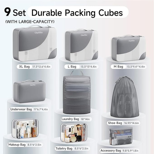 11 Set / 9 Set Packing Cubes for Travel,Gifts for Women Mom Kids,TSA Approved Bags for Makeup, Cosmetic, Toiletry, Organizers for Suitcase Carry On, Cruise Essentials Airplane Accessories, Grey