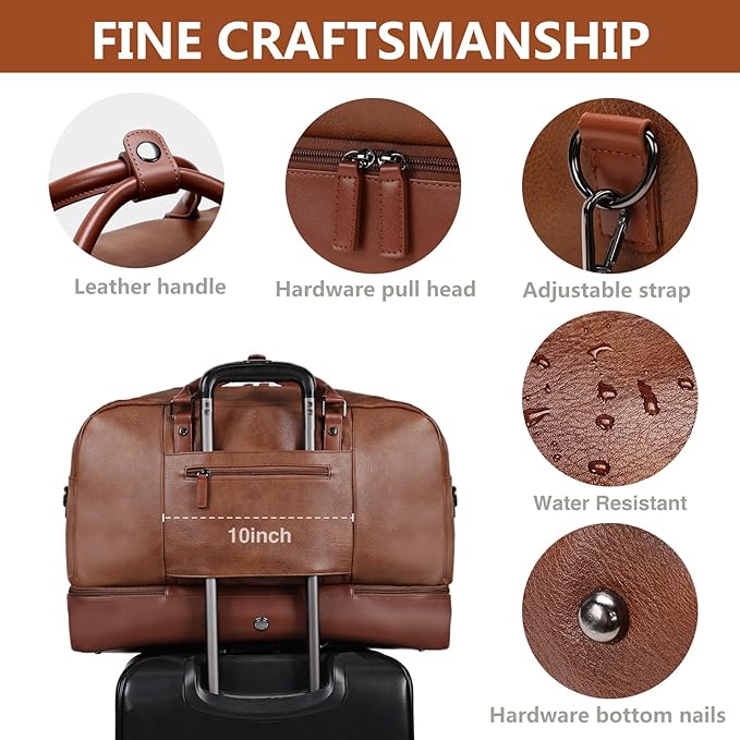 Large 4-in-1 Leather Duffle Bag for Travel Weekender Overnight Hospital Gym Bag for Men & Women, Carry On Airline Approved Personal Item Duffel Garment Bag Luggage with Shoe Compartment & Toiletry Bag