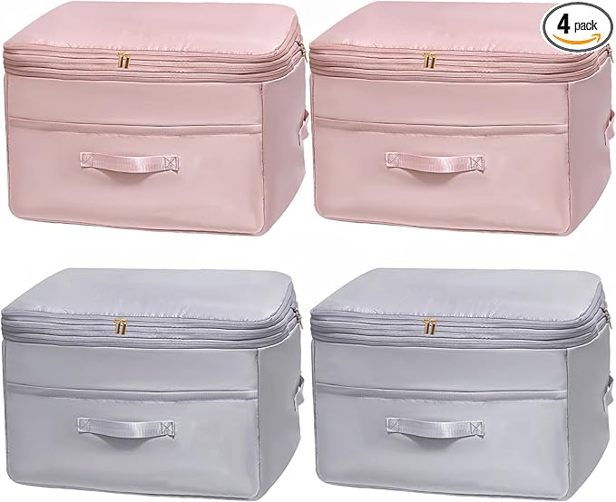 Ultra Space Saving Self Compression Organizers, 4 Pack Double Zipper Compression Packing Cubes for Bedding, Comforter Storage Bag for Blankets Duvet Quilts Pillows Queen King (Gray & Pink X-Large)