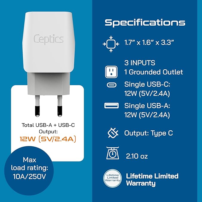 Ceptics Italy, Europe Travel Adapter Plug Set - 2 Pack - with 2 USB + USA Socket Input - Type L and Type C - Ultra Compact - Safe Grounded Perfect for Cell Phones, Laptops, Camera Chargers