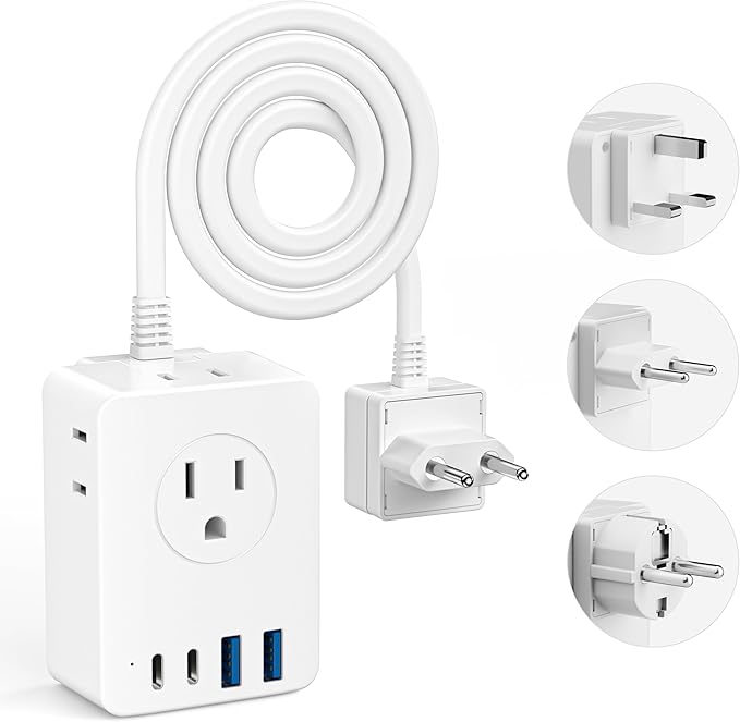 Kakyanill European Travel Plug Adapter Kit, 5ft Detachable Extension Cord with Type C/G/E/F Plug, 4 AC Outlets, 20W USB C Power Delivery, UK Germay France Greece Travel Plug Adapter