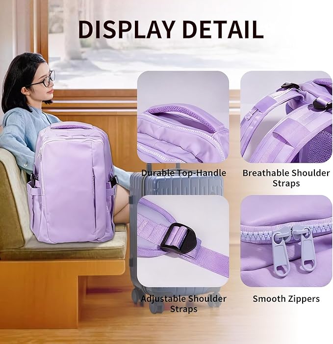 Travel Backpack for Women Men Carry on Backpack, Airline Approved Large Travel Bag Flight Approved Personal item, 15.6 Inch Laptop Backpack Casual Daypack for Weekender Business Hiking-PURPLE