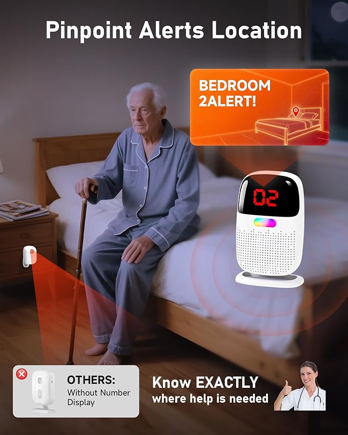 PILSAMAS Wireless Bed Alarms for Elderly Dementia Patients with Motion Sensor & Clip-On Caregiver Pager - Sensor ID Display, 1000ft Range, Room Exit & Fall Alert Devices for Elderly No Month Fee