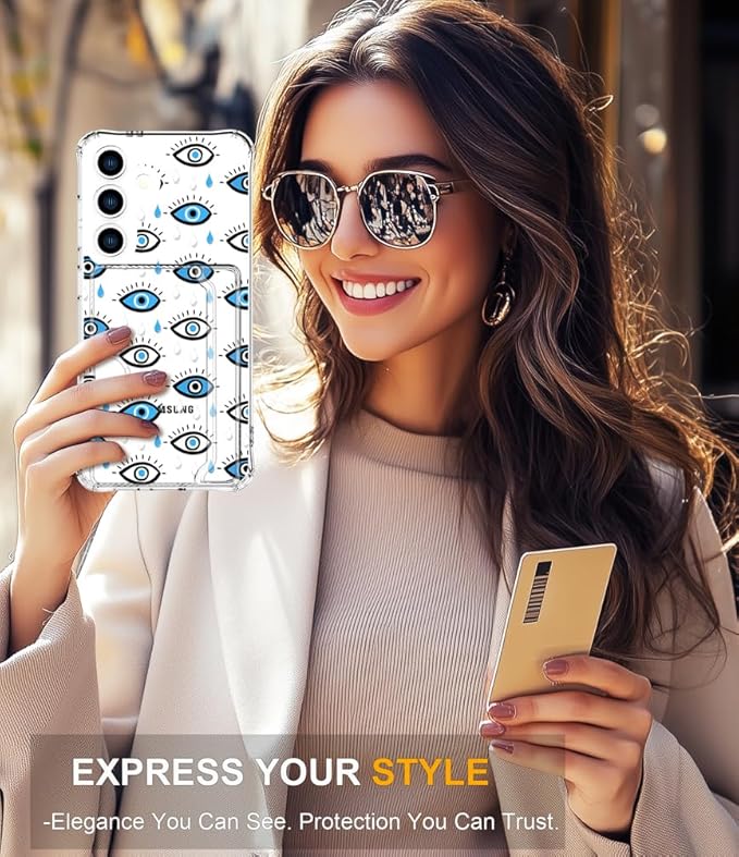 Compatible with Samsung Galaxy S24 / S25 Case Card Holder for Women Cute Design,Wallet Phone Cases Transparent Cool Kawaii Protective (Clear Blue Evil Eyes)
