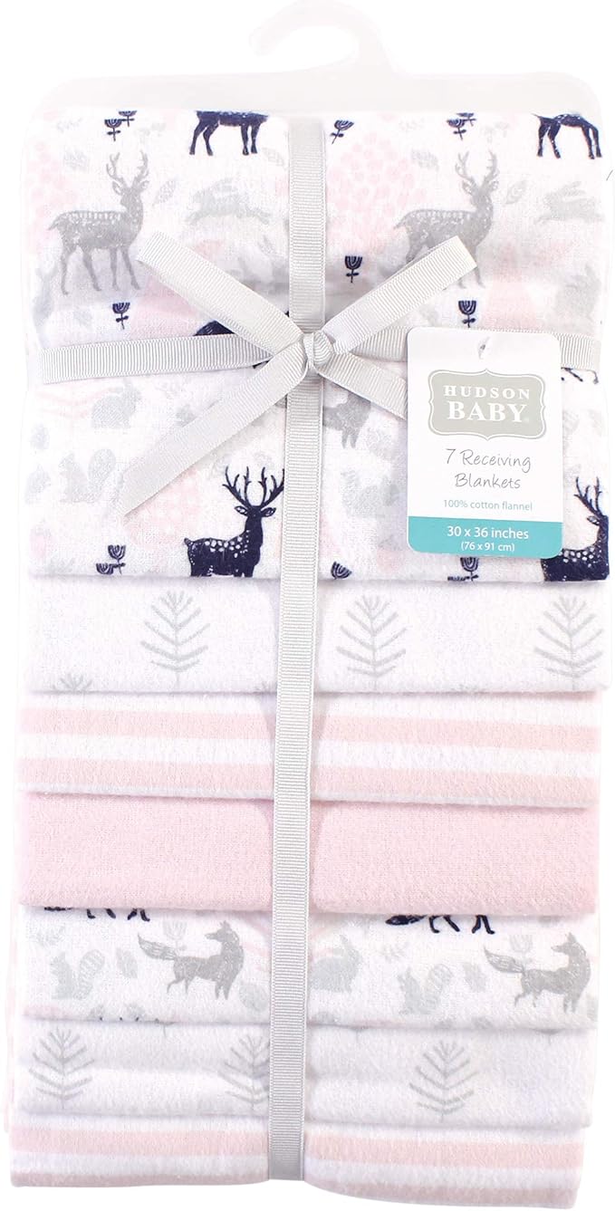 Hudson Baby Unisex Baby Cotton Flannel Receiving Blankets Bundle, Linocut Woodland Girl, One Size