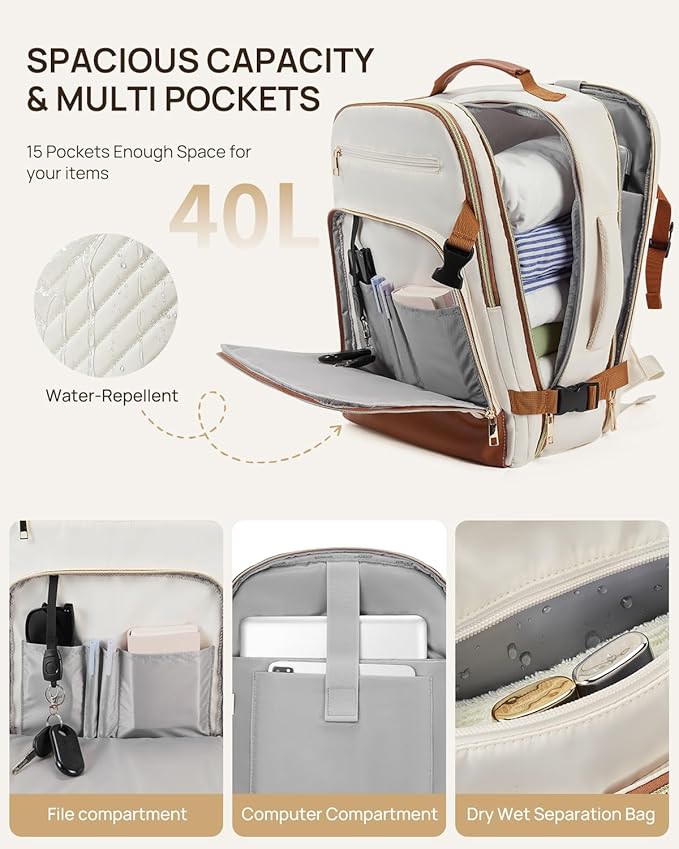 Telena Travel Backpack for Women, 17.3 inch Laptop TSA Carry On Personal Item Size Flight Approved Travel Bag Daypack with Multi-Pockets for Work, Travel, Business, Beige-Brown