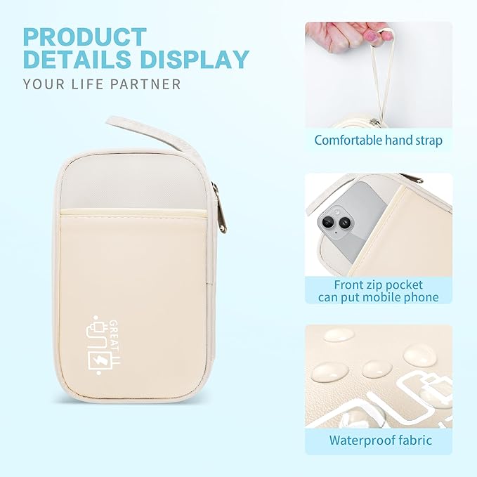 Lcsmaokin Electronics Travel Organizer,Portable Waterproof Electronic Travel Storage Bag for Small Charging Cord Storage,Charger,Small Electronics,SD Card,with 5 Cable Ties,for Travel,Business-Beige