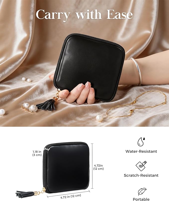 Lolalet Travel Jewelry Case Organizer, Small Jewellery Pouch with Compartments for Storage, Soft Velvet Bag for Traveling Women, Full-Zip Packing for Necklaces, Earrings, Bracelets -Black