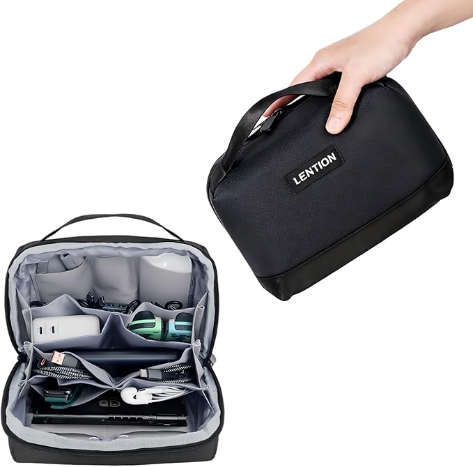 LENTION Premium Electronics Organizer Case with Handle, Large Multi-Compartment Travel Tech Bag for Tablet, Macbook Chargers, Cables, AirPods, Hard Drive Case Waterproof Travel Accessory(M372 Black)