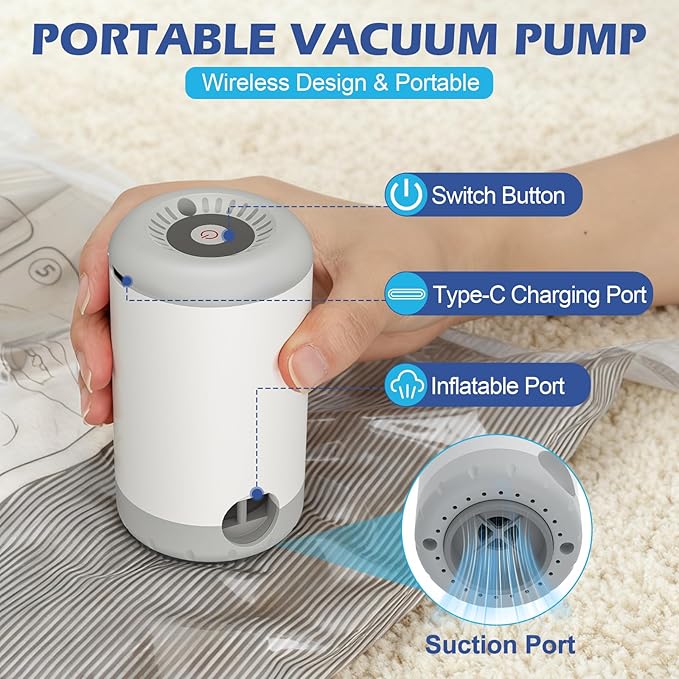 Fantictas Travel Vacuum Storage Bags with Rechargeable Air Pump, 12 Pack Portable Space Saver Compression Bags for Clothing, Bedding, Seasonal Storage & Packing