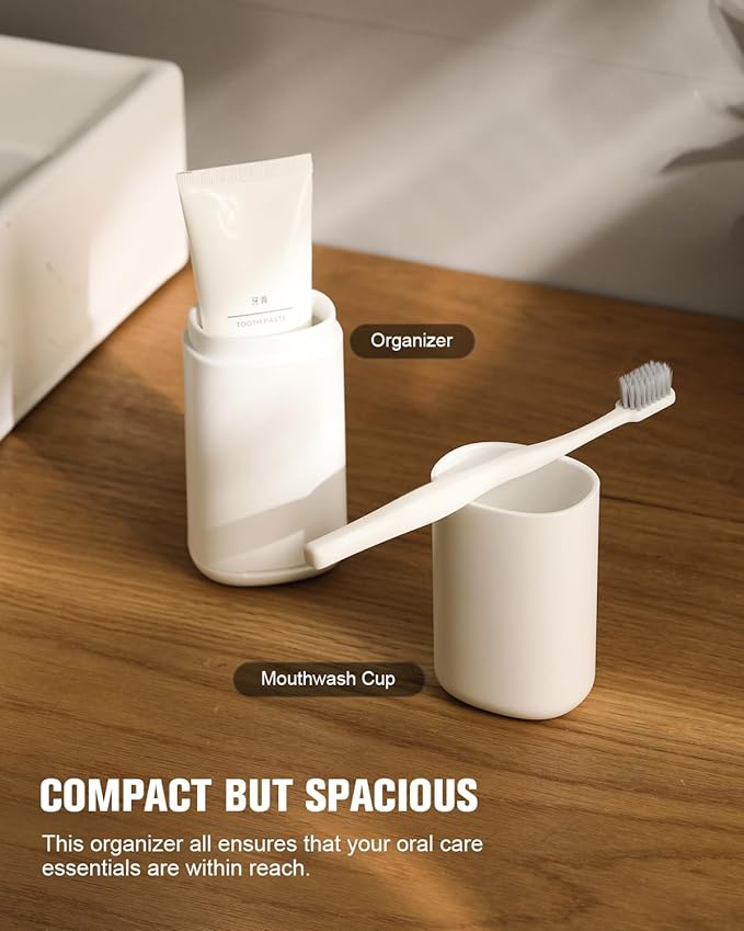 FERYES Travel Toothbrush Holder – 3-in-1 Portable Organizer with Draining Lid & Mouthwash Cup (White)