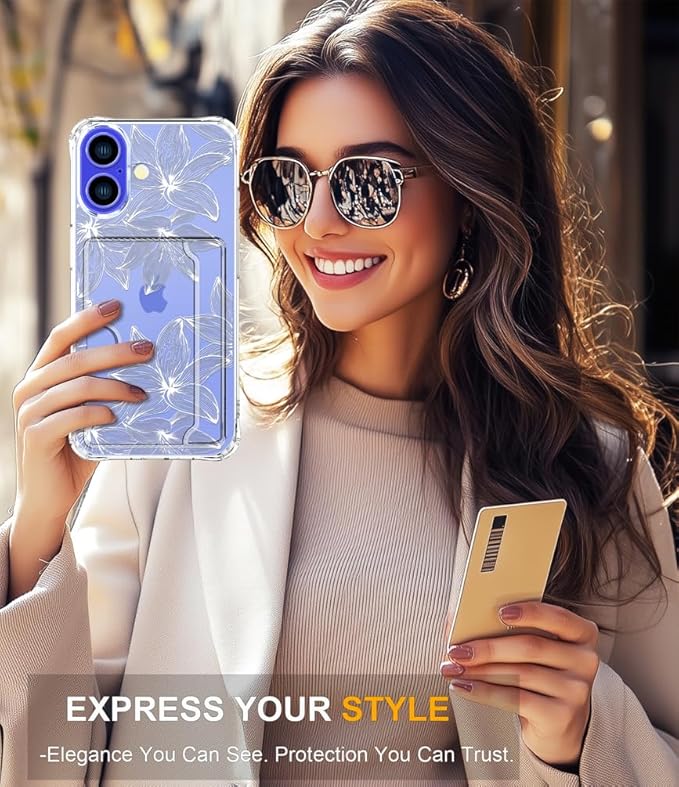 Compatible with iPhone 16 Case Card Holder for Women Cute Design,Wallet Phone Cases Transparent Cool Kawaii Protective (Clear Flower White)