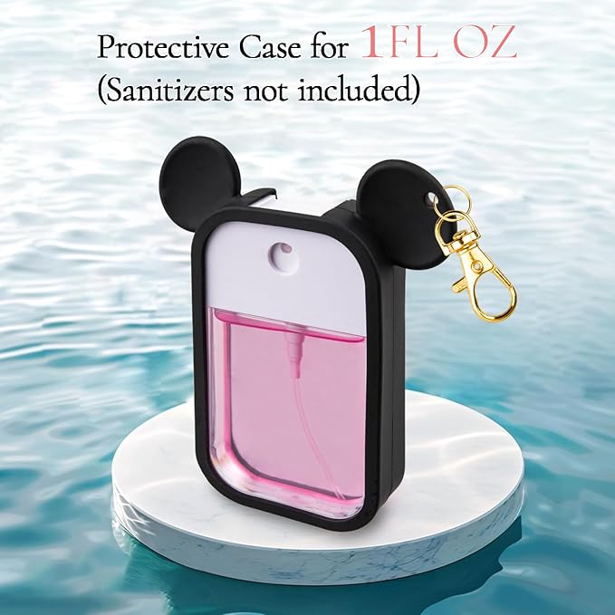 TERPINK 2 Pack Silicone Case Compatible with Touchland Hand Sanitizer Spray 1 fl oz, Mouse Design Protective Case with Keychain, Hand Sanitizer Spray Accessory (Black+Pink)