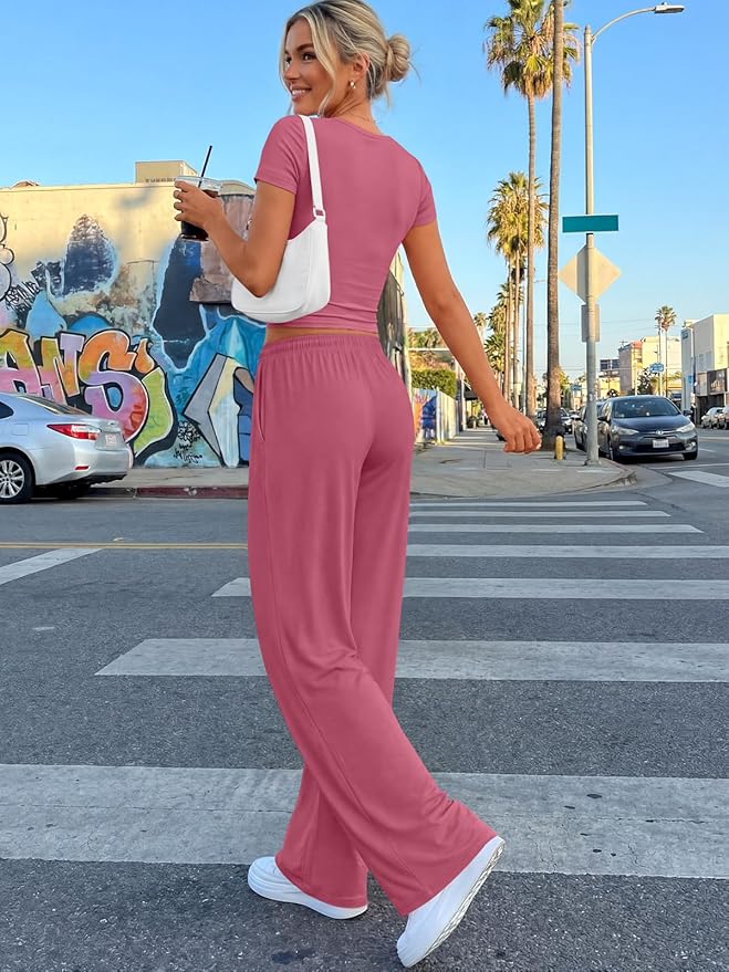 Trendy Queen 2 Piece Matching Summer Lounge Set Womens Side Ruching Top Wide Leg Pants Sets with Pockets
