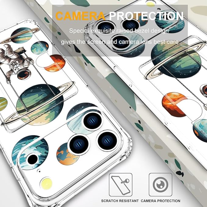 Compatible with iPhone 17 Pro Max Case Card Holder for Women Cute Design,Wallet Phone Cases Transparent Cool Kawaii Protective (Clear Astronaut Space Planets)