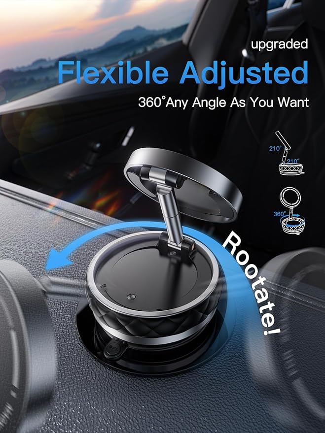 Magnetic Vacuum Foldable Phone Holder - 360°Adjustable, Strong Suction & Nano Adhesive,Alloy Base for Airplane Seatbacks,High-Speed Train Tables,Smooth Surfaces Portable Travel Companion (Black)