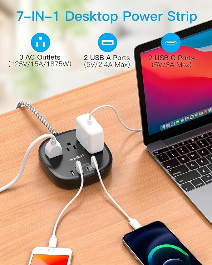 Cruise Ship Travel Essentials, 22.5W/4.5A Flat Plug Power Strip, 6Ft Extension Cord, 3 Outlets 4 USB Ports (2 USB C) Cruise Approved Power Strip No Surge Protection, Desktop Charging Station, Black