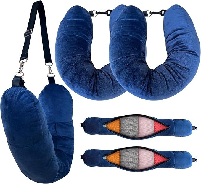 2 Pack Travel Pillows Stuffable with Clothes,Travel Neck Pillow Airplane,Travel Pillows for Airplanes,Holds 3+ Days of Travel Essentials Storage Bag,Soft Velvet Neck Pillow Cover(Sea Blue)