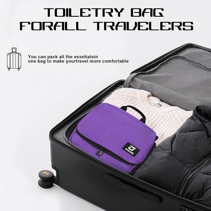 Goloni Hanging Toiletry Bag, 10 Compartments Water-Resistant Makeup Bag with 360° Spinning Metal Hook, Large Travel Cosmetic Organizer for Men & Women, Purple (7.05oz)