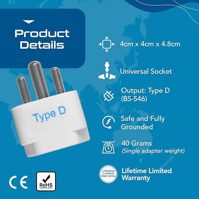 Ceptics India Travel Plug Adapter (Type D) for Pakistan, Nepal, Bangladesh - 3 Pack [Grounded & Universal] (GP-10-3PK)