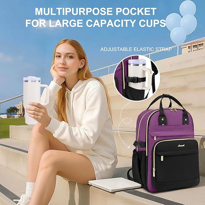 Women Laptop Backpack College Bookbag: 15.6 inch Backpacks with Pouch Pocket for Large Capacity Cup Travel Waterproof Book Bag Anti-theft Casual Work Bookbags for Teacher Nurse Black Purple
