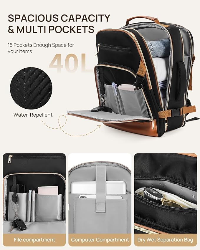 Telena Travel Backpack for Women, 17.3 inch Laptop TSA Carry On Personal Item Size Flight Approved Travel Bag Daypack with Multi-Pockets for Work, Travel, Business, Black-Brown