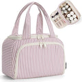 Narwey Striped Travel Toiletry Bag Large Makeup Bag for Women, Wide-open Cosmetic Make Up Organizer with Handle, Travel Bag for Toiletries, Essentials, Accessories (Dusty Pink Stripe)
