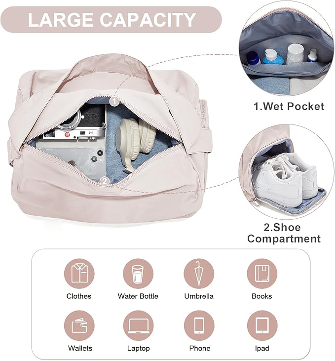 Small Gym Bag with Shoe Compartment, Workout Sport Duffle Bag for Women Travel, Waterproof Shoulder Overnight Bags Lightweight Carry on Tote Bags for Swim, Yoga, Dance