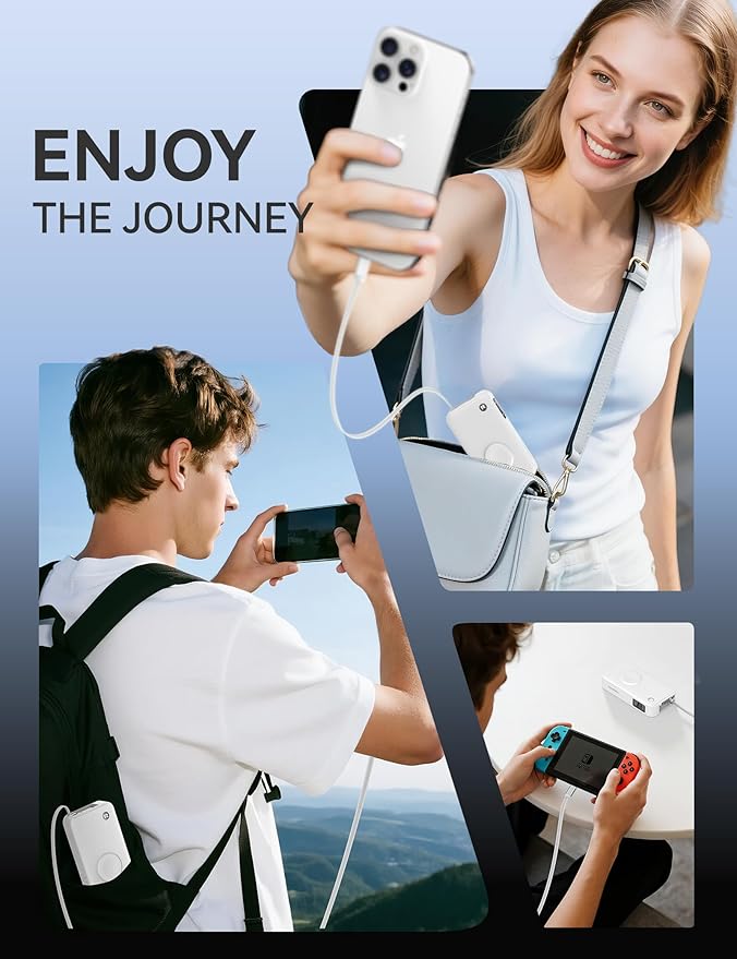 RORRY Portable Charger, 10,000mAh 30W Fast Charging Power Bank with Built-in Retractable Cables, Travel Battery Pack for iPhone 17/16/15/14/13/12, Apple Watch, iPad and More, White
