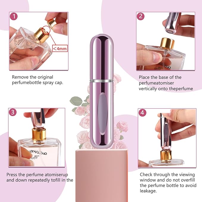 opasyo 4 Pcs Mini Refillable Perfume Portable Atomizer Bottle, 5ml Bottom-Fill Perfume Spray Scent Dispenser, Leak-Proof Travel Pump for Cologne, Aftershave & Purse (Gold/Pink/Blue/Black/)