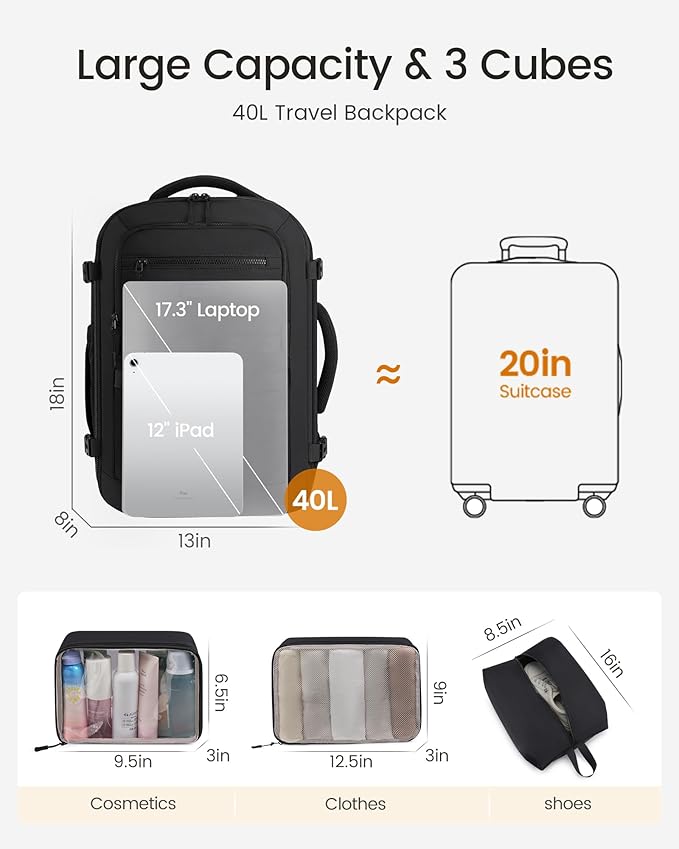 LOVEVOOK 42L Travel Backpack for Women & Men, TSA Approved Carry On Backpack with 3 Packing Cubes, Water-resistant Personal Item Bag Fits 17" Laptop, Travel Essentials Backpack for Trip
