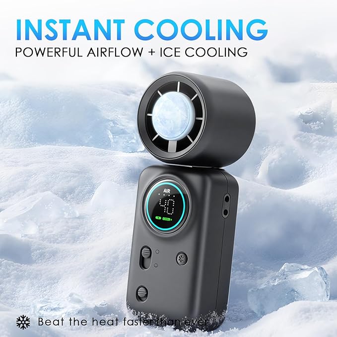 FurBall 4-IN-1 Portable Handheld Fan with Ice Cooling, High-speed Turbo Power 100 Gear Adjustable, LED Display, 6000mAh Rechargeable Battery, Foldable & Quiet Personal Fan for Travel, Office, Outdoor