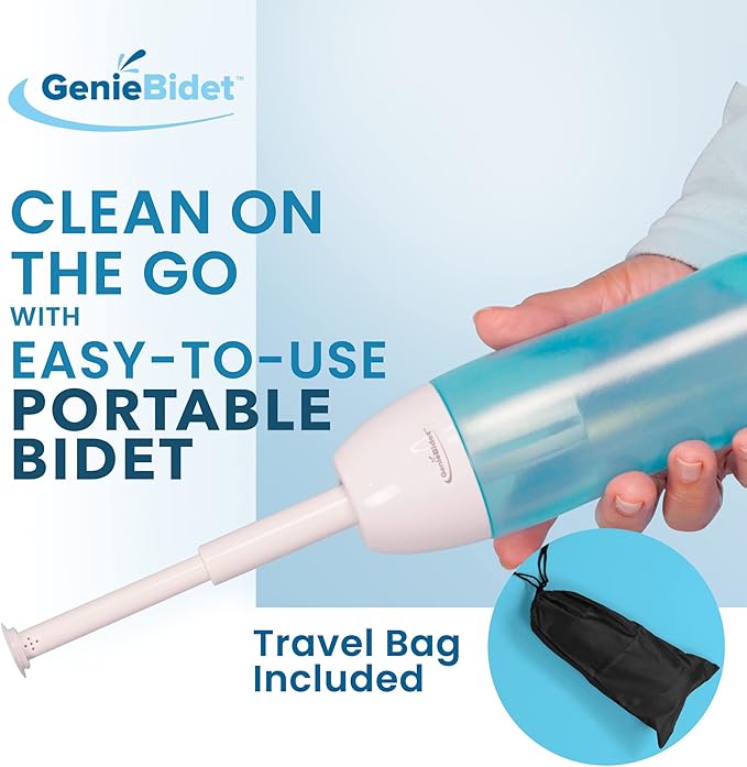GenieBidet On The Go Portable Travel Bidet with Telescoping Nozzle Spray, Handheld, Leak & Mess Free Butt Shower, Replaces Wet Wipes, Discreet Pull-String Pouch