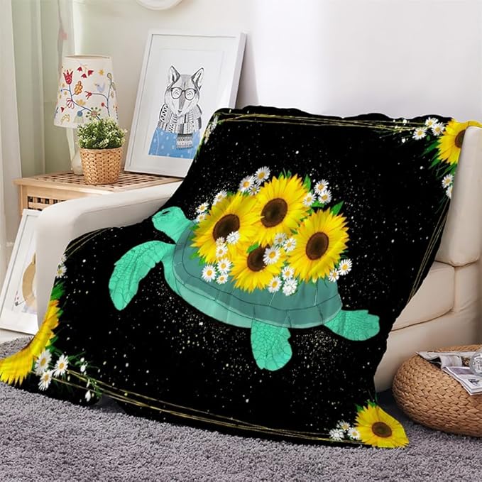 Yellow Sunflower Blanket Twin Size, Sea Turtle Fleece Blanket for Couch Bed Sofa, Floral Blankets and Throws, Starry Sky Black Super Soft Cozy Plush Flannel Blanket 60x80, Decor & Gift