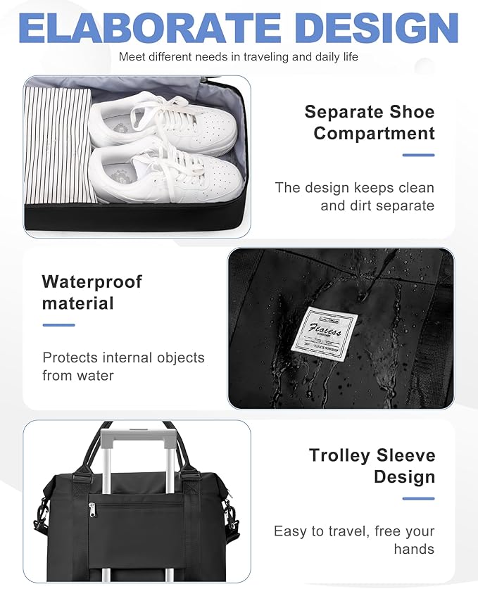Travel Duffel Bag, 18x14x8 Inches Travel Bag Spirit with Shoes Compartment, Weekender Overnight Bag for Women with Trolley Sleeve, Carry On Bag for Airplanes Sport Tote Gym Bag Black