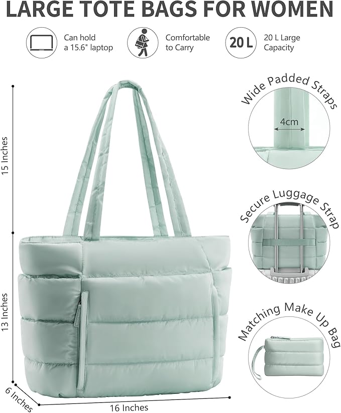 Bagstellar Puffer Tote Bag for Women, Lightweight Puffy Work Handbag Teacher Nurse Quilted Shoulder Bag for School Travel Gym | Cloud Bag w/ Zipper, Daily College Bags, 15.6" Computer Bag, Clinical Nursing Bag, 40 OZ Tumbler Holder, Ideal Gift for Women