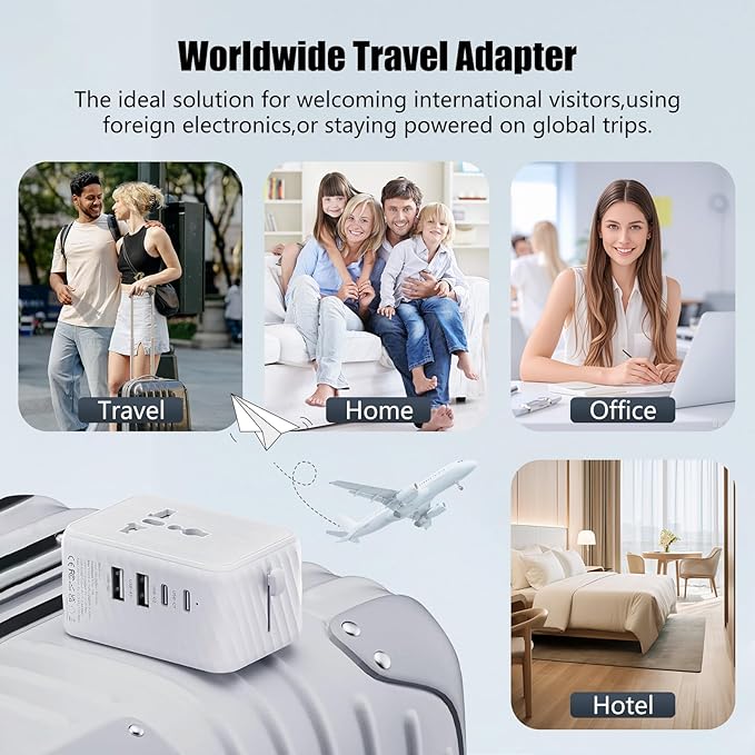Universal Travel Adapter - Worldwide Power Plug Converter for US, UK, EU, AU with Type-C & USB-A Ports - European Travel Plug Adapter, International Power Adapter (White)