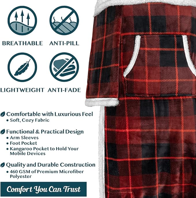 PAVILIA Sherpa Blanket with Sleeves, Foot Pocket for Women Men Adults, Thick Wearable Blanket Throw Wrap, Fleece Warm Snuggle Blanket Robe, Cozy Gift Ideas Wife Mom, Plaid Red