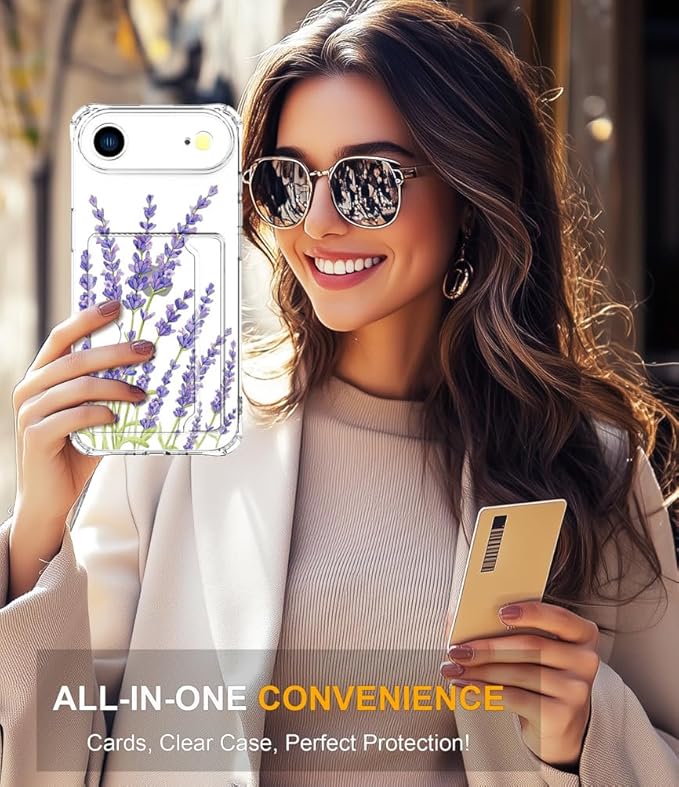Compatible with iPhone 17 Air Case Card Holder for Women Cute Design,Wallet Phone Cases Transparent Cool Kawaii Protective (Clear Purple Lavender)