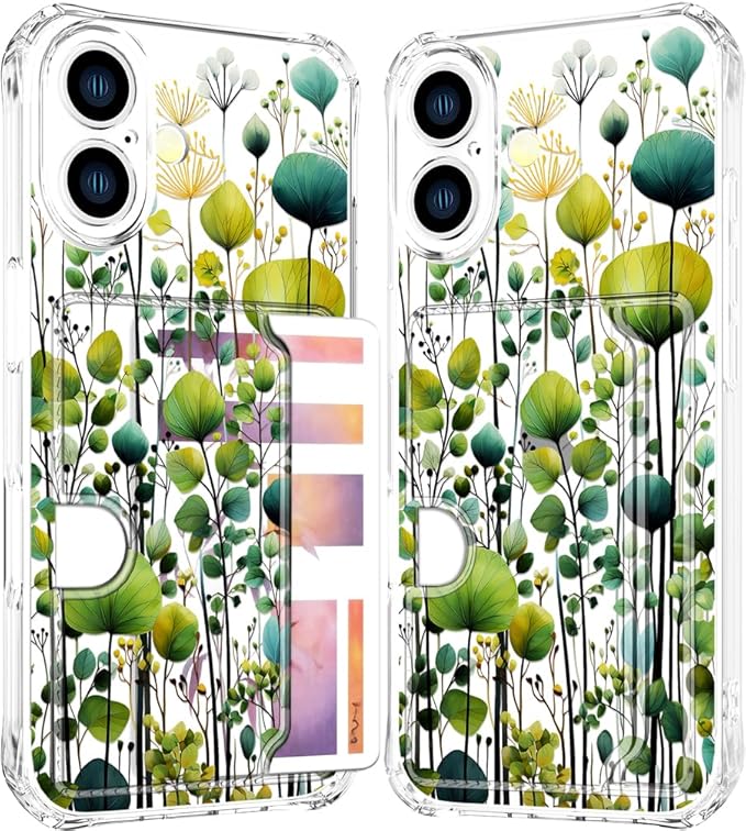 Compatible with iPhone 17 Case Card Holder for Women Cute Design,Wallet Phone Cases Transparent Cool Kawaii Protective (Clear Green Flower Leaves Buds)