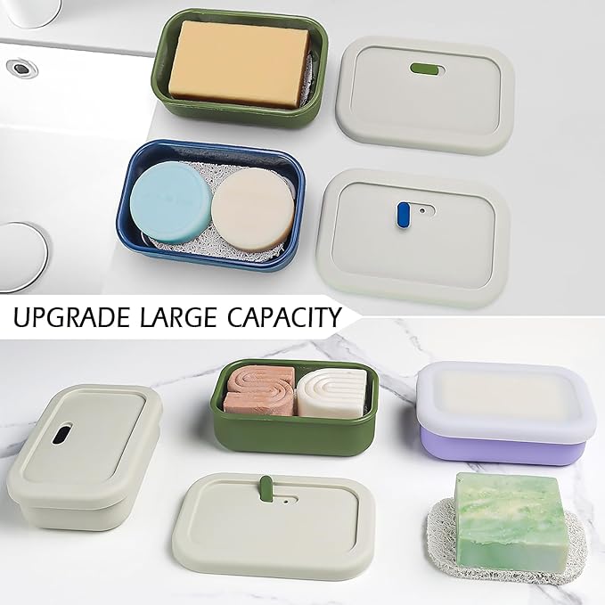AIDIMMING Silicone Enhanced Leak Proof Travel Soap Case, Vented Shampoo Bar Holder, Large Bar Soap Box with Lid Portable Soap Dish with Draining Layer (Offwhite& Green)